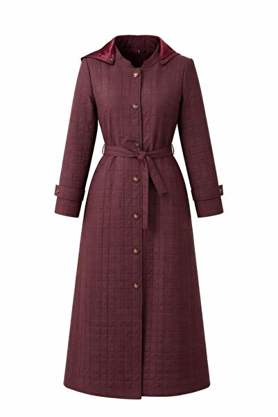 ESİN GİYİM Kuşaklı Kapüşonlu Kare Kapitone Desenli Tesettür Pardesü