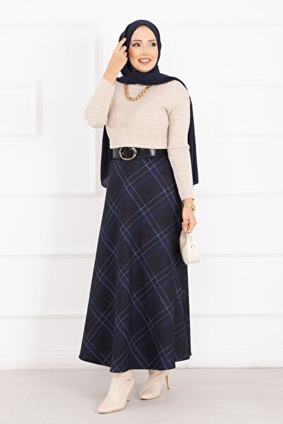 EBRUTESETTÜR Plaid Pattern Scuba Skirt Navy Blue