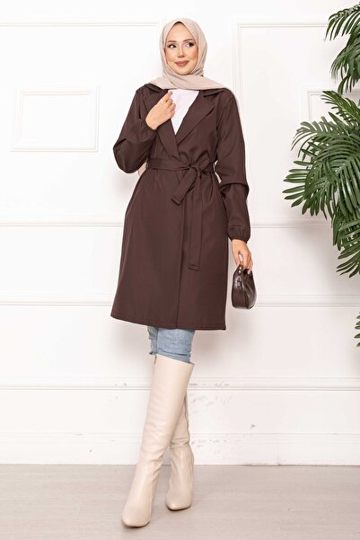 EBRUTESETTÜR بأزرار على الجهتين معطف ريلاكس بحزام على شكل ياقة باللون البني