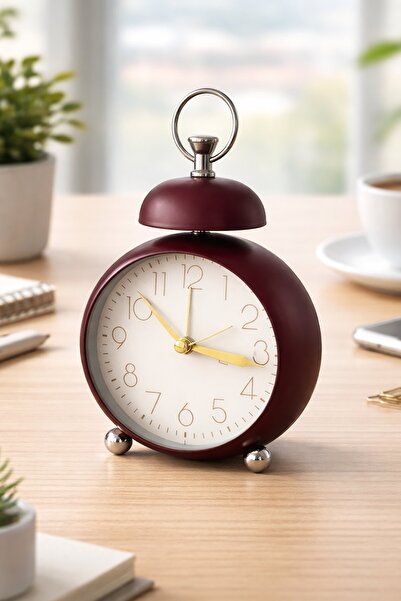 TAKIŞTIR Bordo Renk Mini Dekoratif Işıklı Alarmlı Yuvarlak Masa Saati