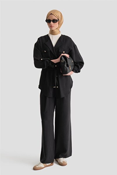 Armine Beli Büzgülü Kupra Takım Siyah