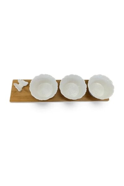 OEM Sauce and Tray Set, Ceramic and Wood, 4 Pieces, 37x9cm, White-Brown