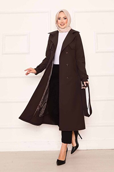 EBRUTESETTÜR Rahat Kalıp Kruvaze Düğme Detaylı Kolları Ayarlanan Trençkot Kahve