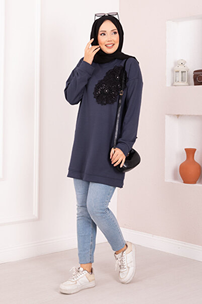 EBRUTESETTÜR Floral Embroidered Soft Hijab Tunic Smoked