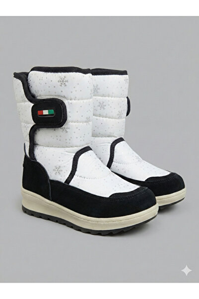 Bitmedeniste حذاء ثلج للفتيات باللون الأبيض مع فرو داخلي وشريط فيلكرو