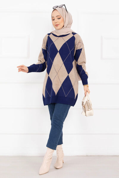 EBRUTESETTÜR الماس نمط تريكو سترة الأزرق الداكن