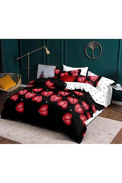 OEM Bedding Set, Red Hearts Print, 4 Pieces, 1 Person, 155x220cm, Satin Cotto...