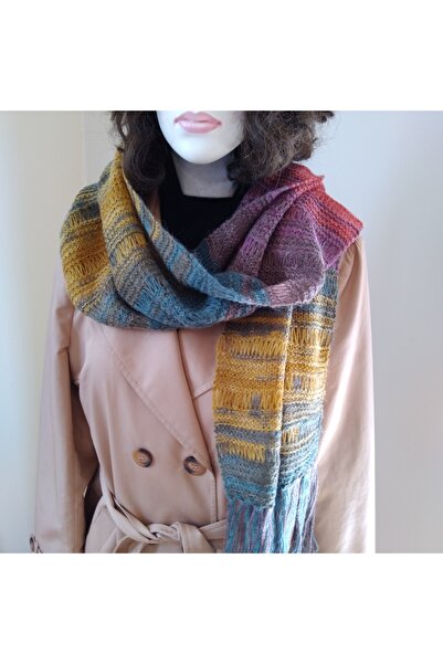 BzDenAl Yeşilli Batik Renklerde Yünlü El Örgüsü Atkı