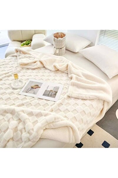 OEM Double Bed Blanket with Fur, Cocolino, Chessboard Model, 200x230cm, Cream...
