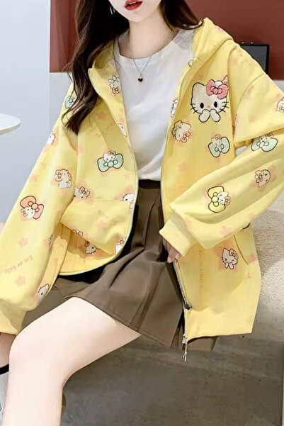 İlayda Toprak Toic Hello Kitty Anime Uzun Kollu Fermuarlı Sarı Hırka