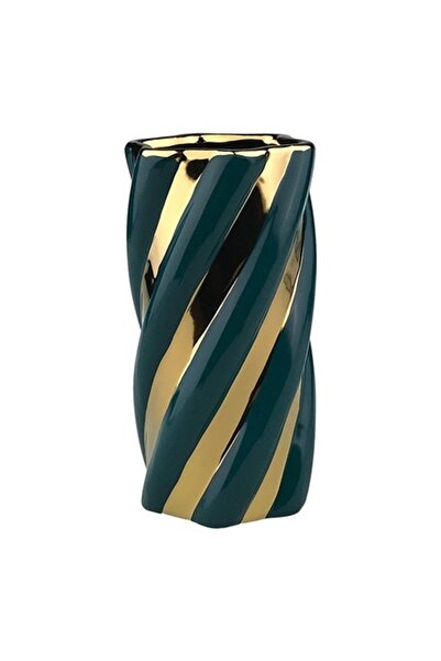 OEM Vază ceramică cu dungi, 10x20 cm, verde-auriu