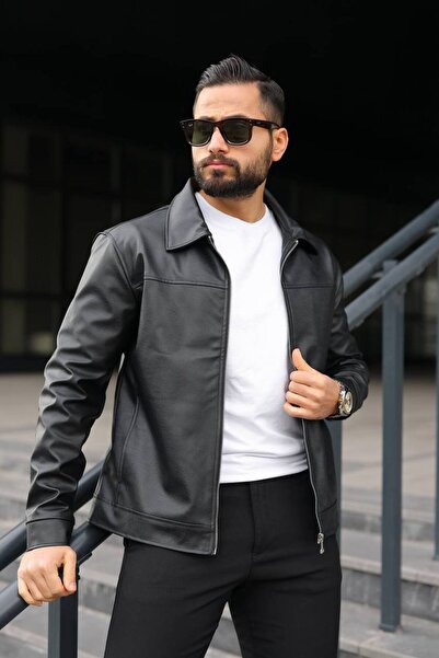 BASEL.CO Men's Relax Fit Carbon Leather Jacket with Hidden Pocket