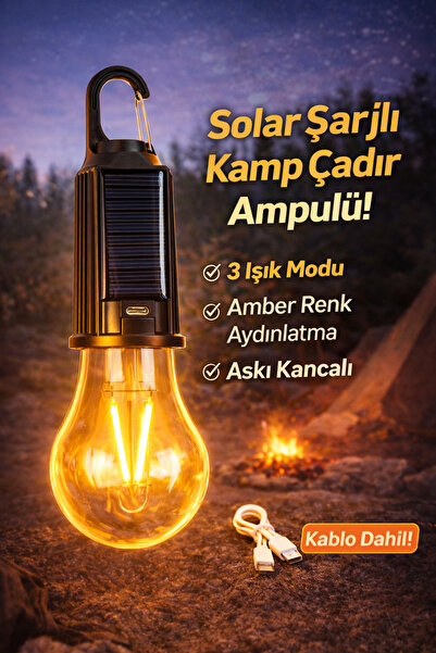 Ecuy Taşınabilir Ultra Hafif Solar LED’li 3 Işık Modlu Amber Şarjlı Asma Kanc...
