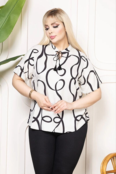 Alfanora Women's Patterned Tassel Viscose Blouse Peter Pan collar Short Sleev...