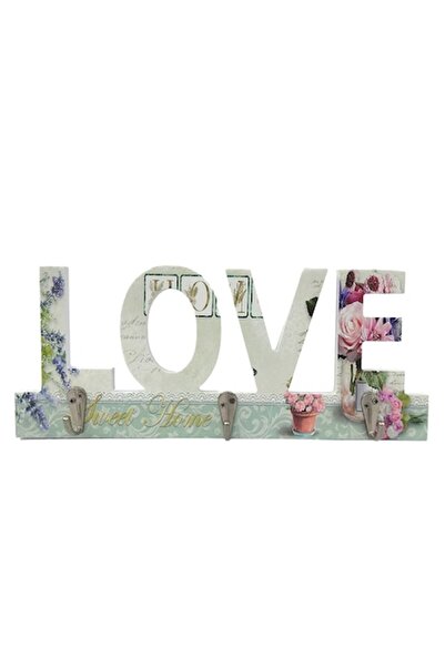 OEM Ξύλινη Κλειδοθήκη σε σχήμα 'Αγάπης' με λουλούδια και τρεις γάντζους