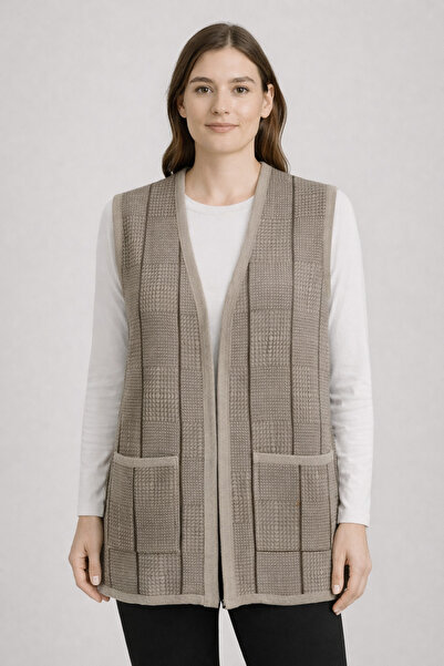 Uludağ Triko kadın ekose desen cepli triko yelek...RENK:(Ekru-vizon)-(Füme-si...