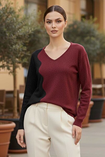 yb yağmur butik V-Neck Double Color Knitwear