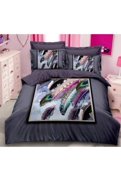 Pucioasa Set Lenjerie Pat Dublu 2 Fețe, Pucioasa, Imprimeu 3D cu Pene Colorat...