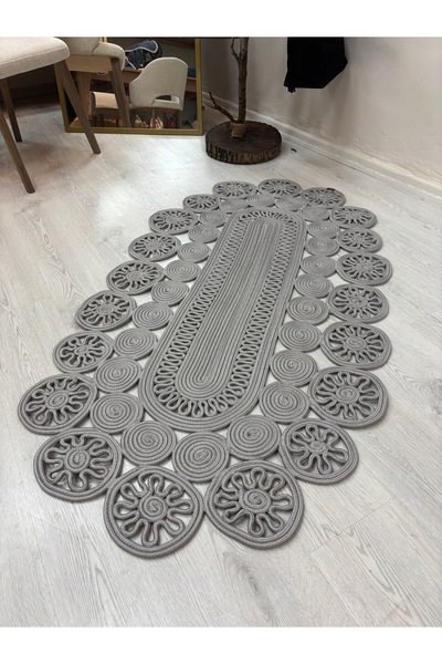 MaVaux Livia Oval Trikotlu Papatya Hasır Jüt Şık El Dokuma Kilim Dekoratif An...