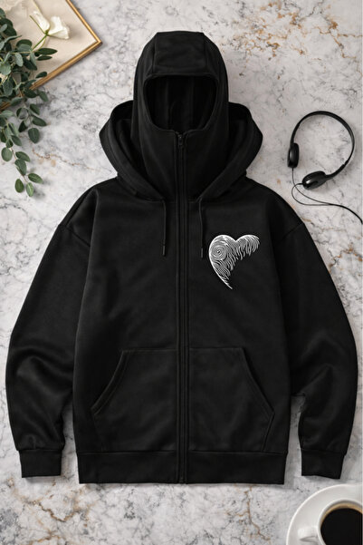 Pink Sky Unisex Heart Printed Zippered Hooded Sweatshirt