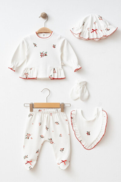 Magu Baby Girl Cotton Cream Floral Patterned 5-Piece Hospital Discharge Set –...