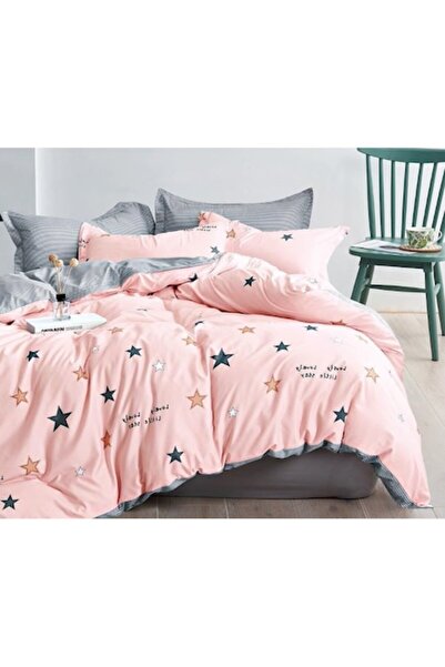 OEM Set lenjerie de pat dublu, bumbac satinat, 4 piese, imprimeu roz-gri, 200...