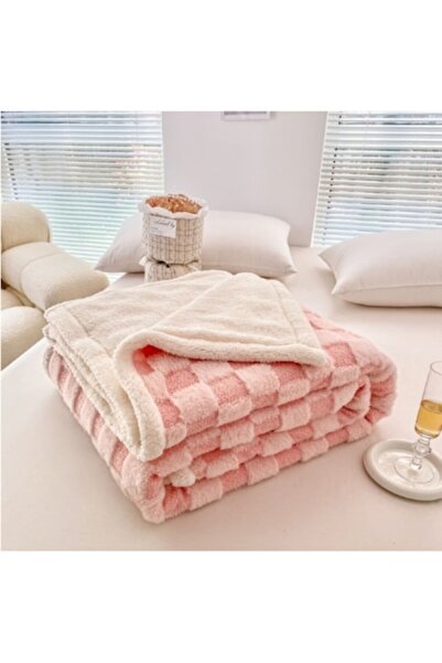 OEM Double Bed Blanket with Fur, Cocolino, Chessboard Model, 200x230cm, Coral...