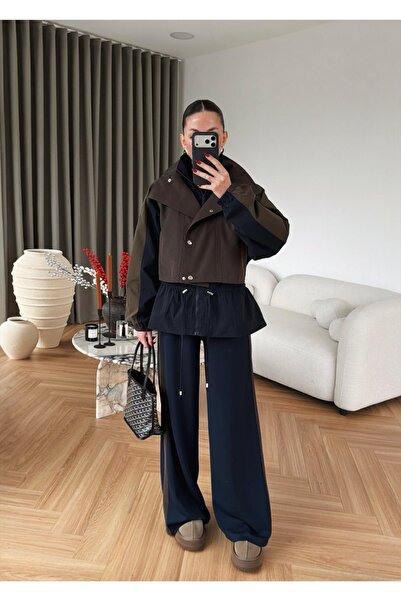 BRTC design بدلة نسائية بتصميم ألوان متباينة ياقة مرتفعة متوسطة الطول باللون ...