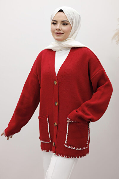 Tesettür Dünyası Shepherd's Stitch Pocketed Knit Cardigan Tsd250226 Red