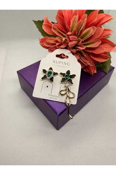 XUPING JEWELRY Black Flower Steel Earrings with Green Zircon Stone