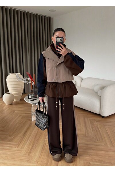 BRTC design Women's Brown Trench Detailed Color Block Mock Neck Design Set