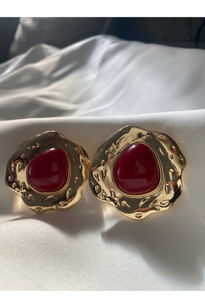 MYaccessory Gold earrings with burgundy stone detail