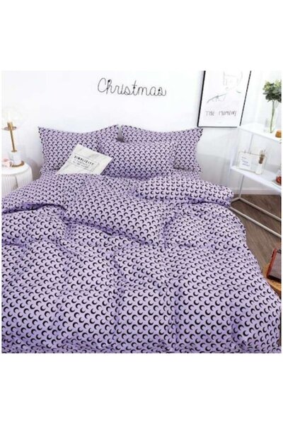 OEM Double Bed Linen Set, 4 Pieces, Moon Print, 230x250cm, Satin Cotton, Lila...