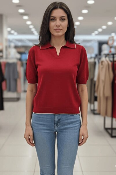 Lunarose Women's Polo Neck Short Sleeve Knitwear Sweater Red