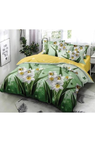 OEM Set lenjerie de pat dublu, imprimeu narcise, 6 piese, 245x250cm, Finet, m...