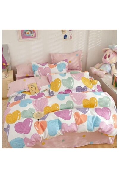 OEM Double Bed Linen Set, Reversible Fitted Sheet, 6 Pieces, Pastel Heart Pri...