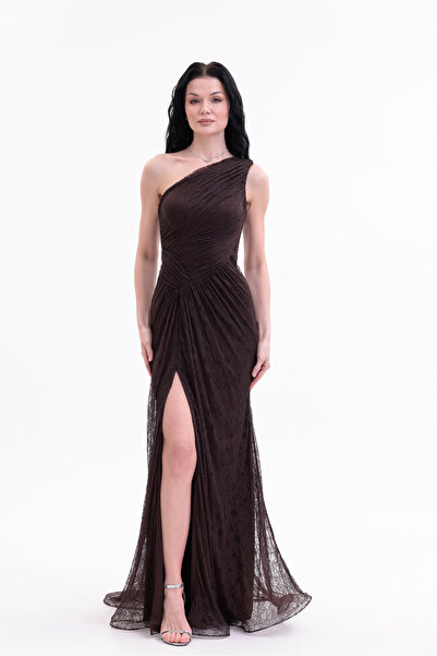 BDM Exclusive Dantel Drape Detaylı Tek Omuz Yırtmaçlı Premium Abiye Elbise