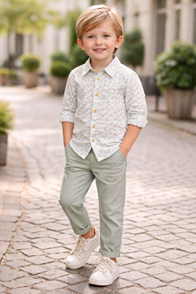 LC Waikiki Lcw Baby Ekru Printed Baby Boy Shirt and Pants 2-Pack