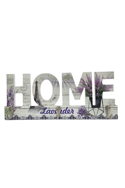 OEM Ξύλινη Κλειδοθήκη σε σχήμα 'Σπίτι' με λουλούδια λεβάντας και τρεις γάντζους