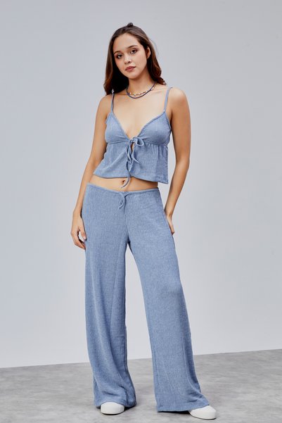 Nineteen Brand Düşük Bel Bol Paça Dokulu Pantolon (Krinkle Kumaş)
