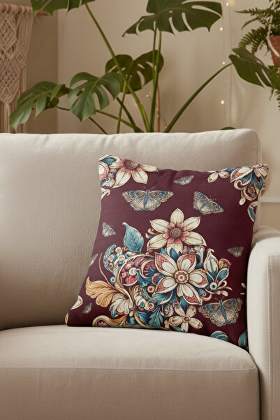 ÖZENEV Floral Butterfly Patterned Velvet Decorative Throw Pillow Cover-Burgundy