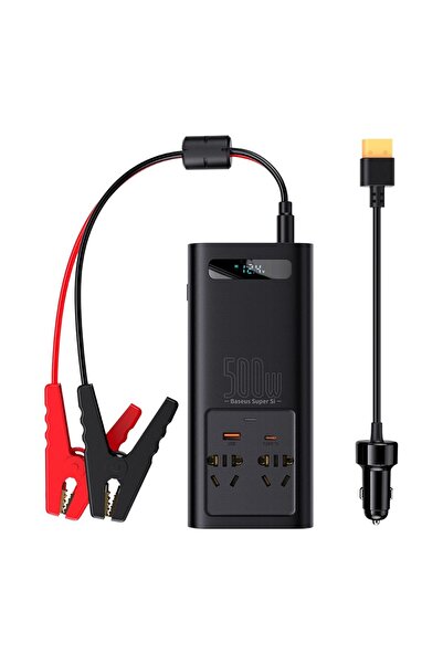 Baseus Invertor auto 150W/500W, 220V cu USB + Tip-C + Mufă CN/EU, Clește + Ca...