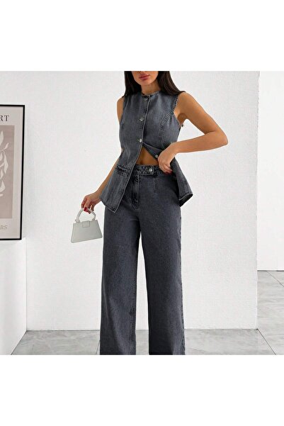SİNGBADA Kadın Antrasit Denim Yelek Bol Paça Jean Takım