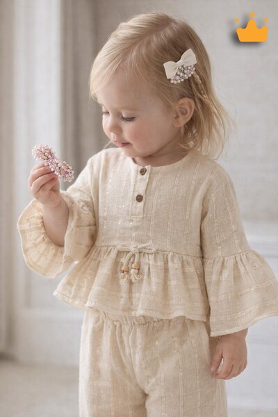 Babyhola Volan Kollu Simli Müslin Bayramlık Kız Bebek Takım Üst ve Pantolon İ...