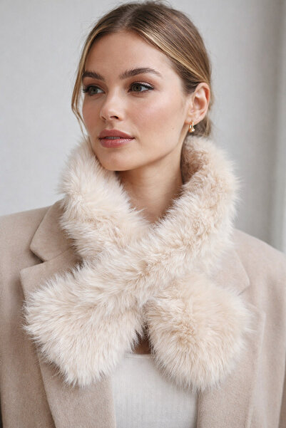 Luna MANGO KUMAŞ KREM SUNİ KÜRK BOYUNLUK - PELUŞ LÜX PREMİUM BOYUNLUK