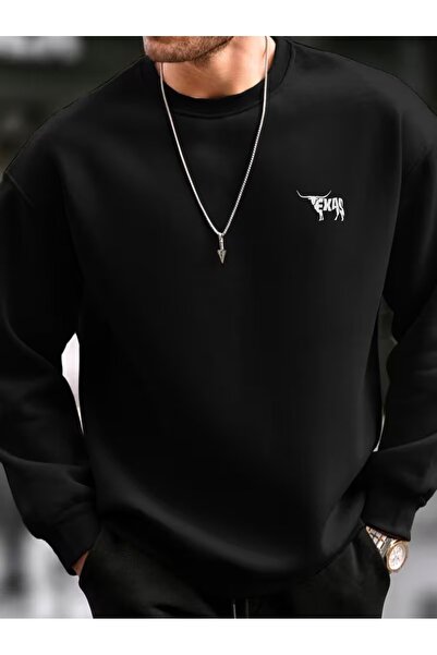 WOODROFFE سويت شيرت رجالي من تكساس مطبوع باللون الأسود والرمادي قصة فضفاضة فضفاض