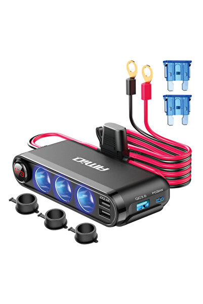 AMIO Dispozitiv Auto Premium 3in1, Splitter Bricheta, Incarcator USB/USB-C, V...