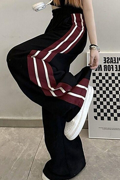 İlayda Toprak Belt Bordo Yan Şeritli Oversıze Siyah Eşofman Altı