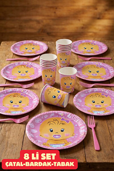 Baloncu Dede Set de cu imprimeu farfurii pentru fetiță roz, petrecere de baby...