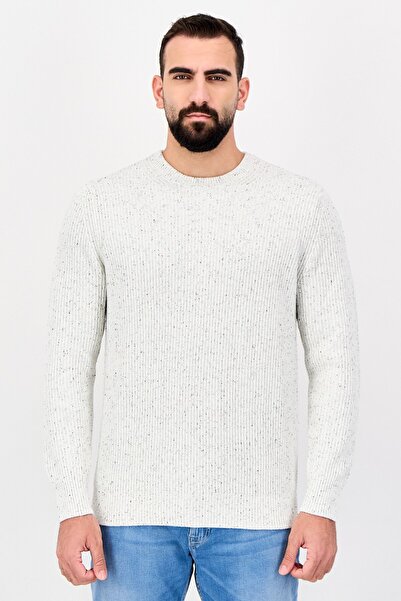 CELIO Men Ribbed Collar Textured Sweater, White